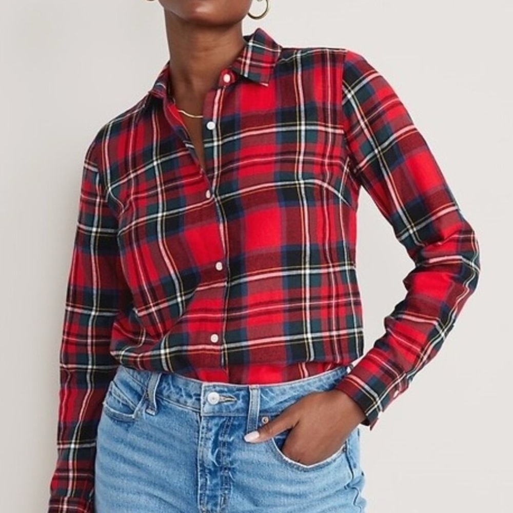 OLD NAVY Top Womens S Classic Shirt Flannel Tartan Plaid Button Front Cotton Red